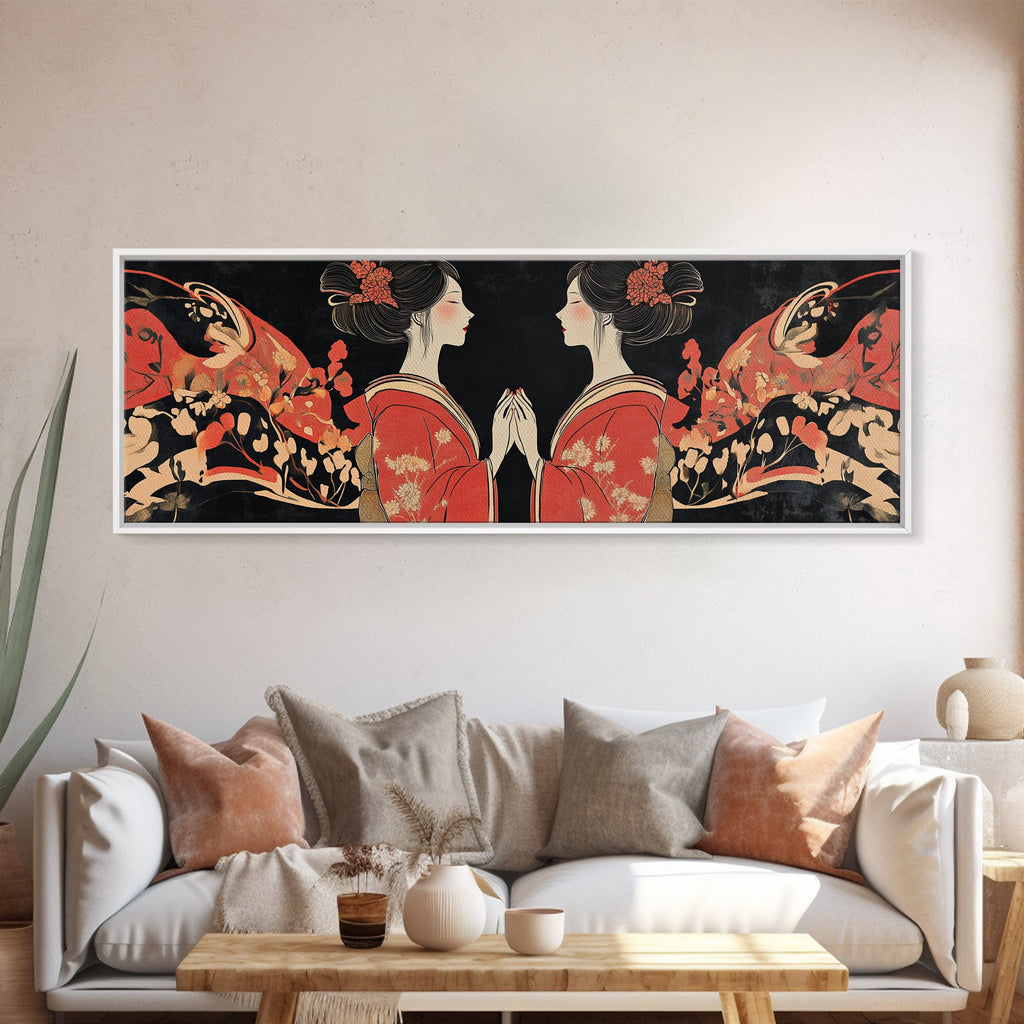 Elegant Geisha Framed Canvas Print Chinoiserie Art Nouveau Print Japanese Zen Art Gift Idea for Her Bedroom Living Room Wall Decor