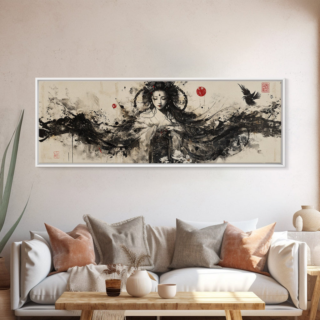Ethereal Goddess Framed Canvas Print Moody Art Japanese-Style Dark Angels Wall Art Feminine Zen Artwork Rustic Decor
