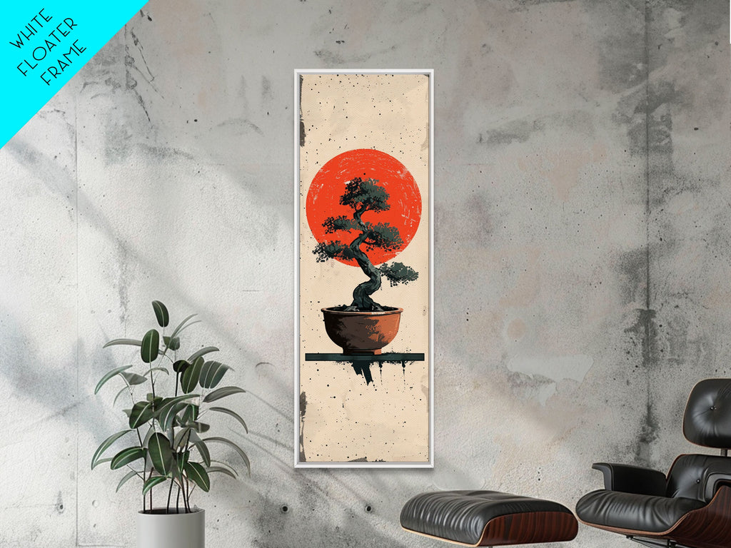 Canvas Print Bonsai Tree Silhouette Against Red Sun, Minimalistic Japanese Style Art For Modern Home, Wall Decoration