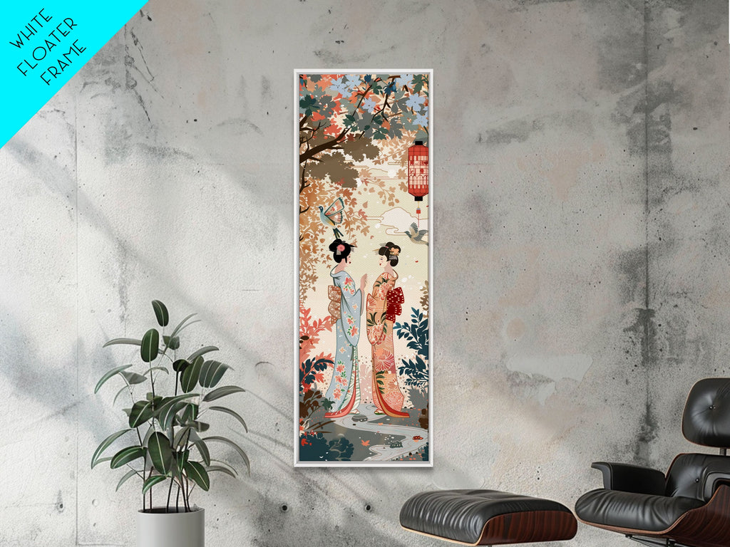 Traditional Geishas Skinny Art Tall Art Japanese Ukiyo-e Inspired Framed Canvas Print for Elegant Home and Office Decor