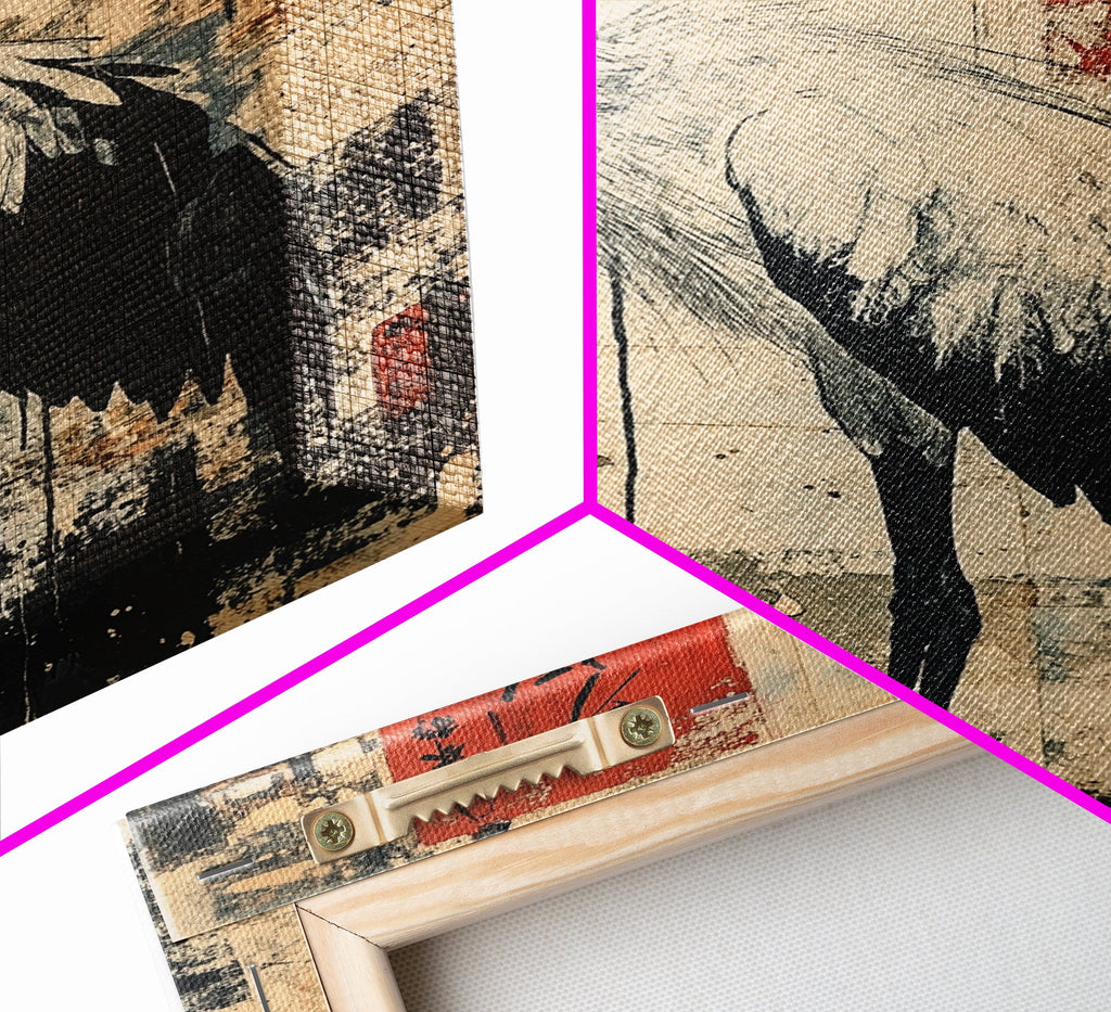 Blue Heron Wall Art Framed Canvas Print Ready To Hang, Japanese Style Wabi Sabi Art, Coastoal Decor