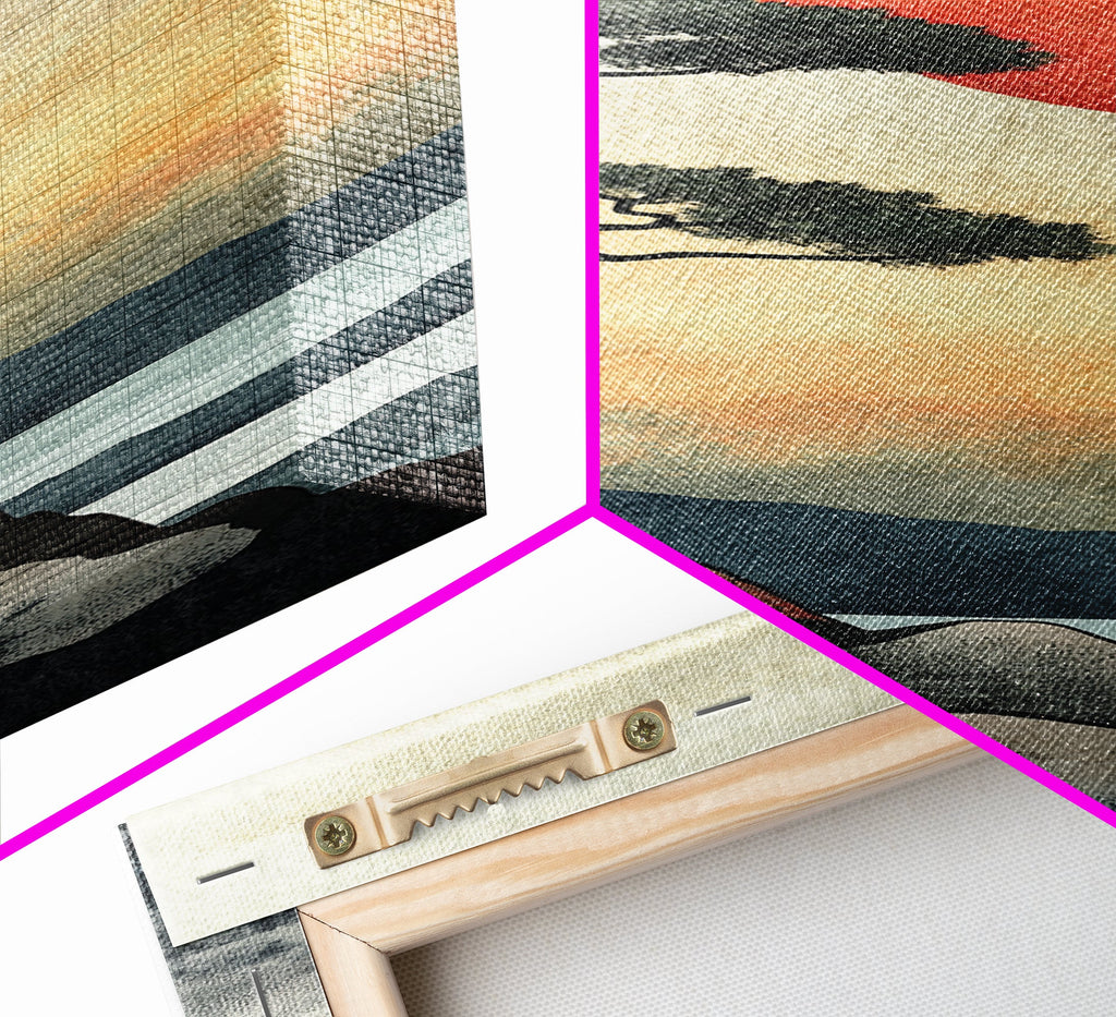 Japanese Landscape with Sunset Canvas Print, Red Sun Over Mountains, Minimalist Nature Art, Coastal Wall Art, Framed Canvas Print, Boho Decor