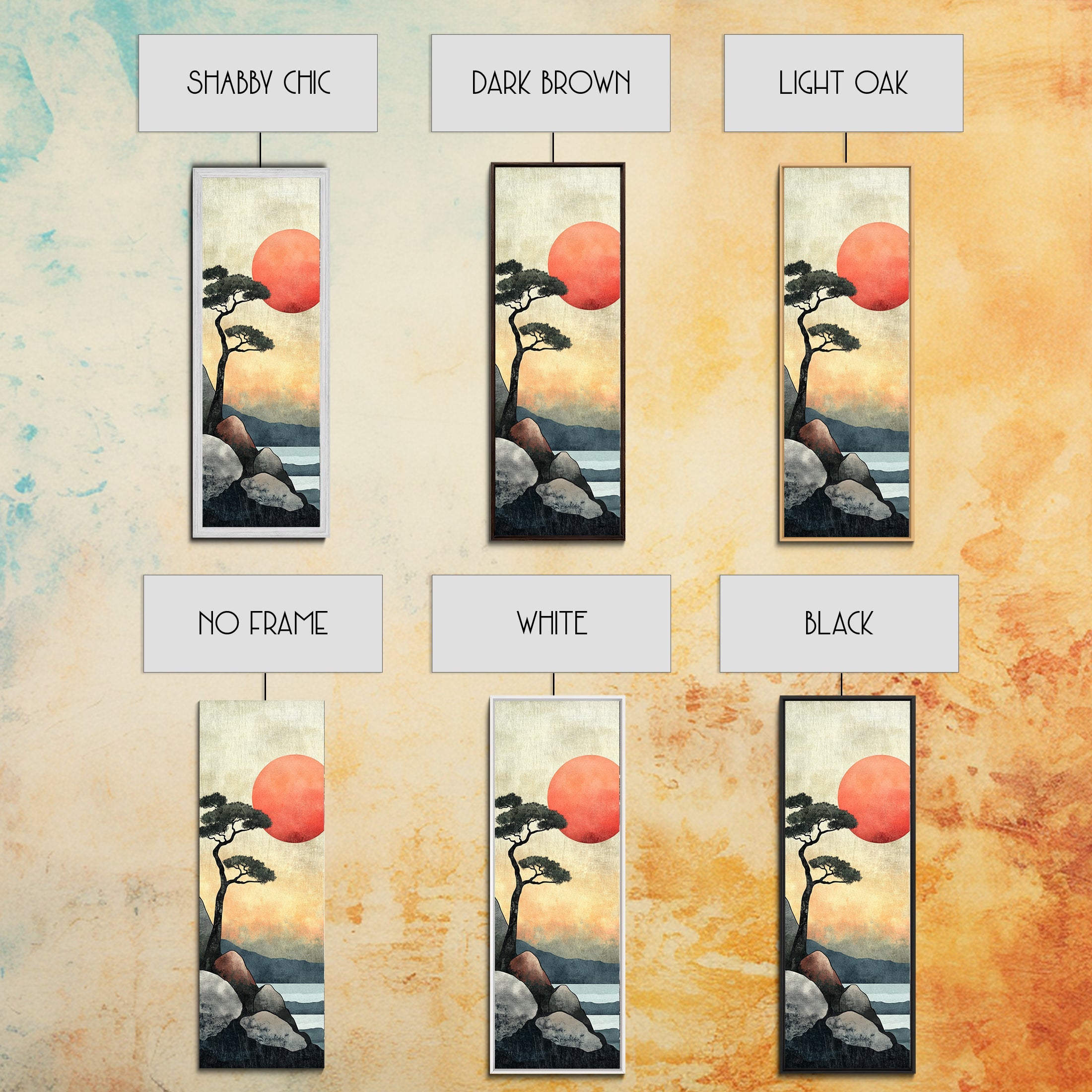 Japanese Landscape with Sunset Canvas Print, Red Sun Over Mountains, Minimalist Nature Art, Coastal Wall Art, Framed Canvas Print, Boho Decor