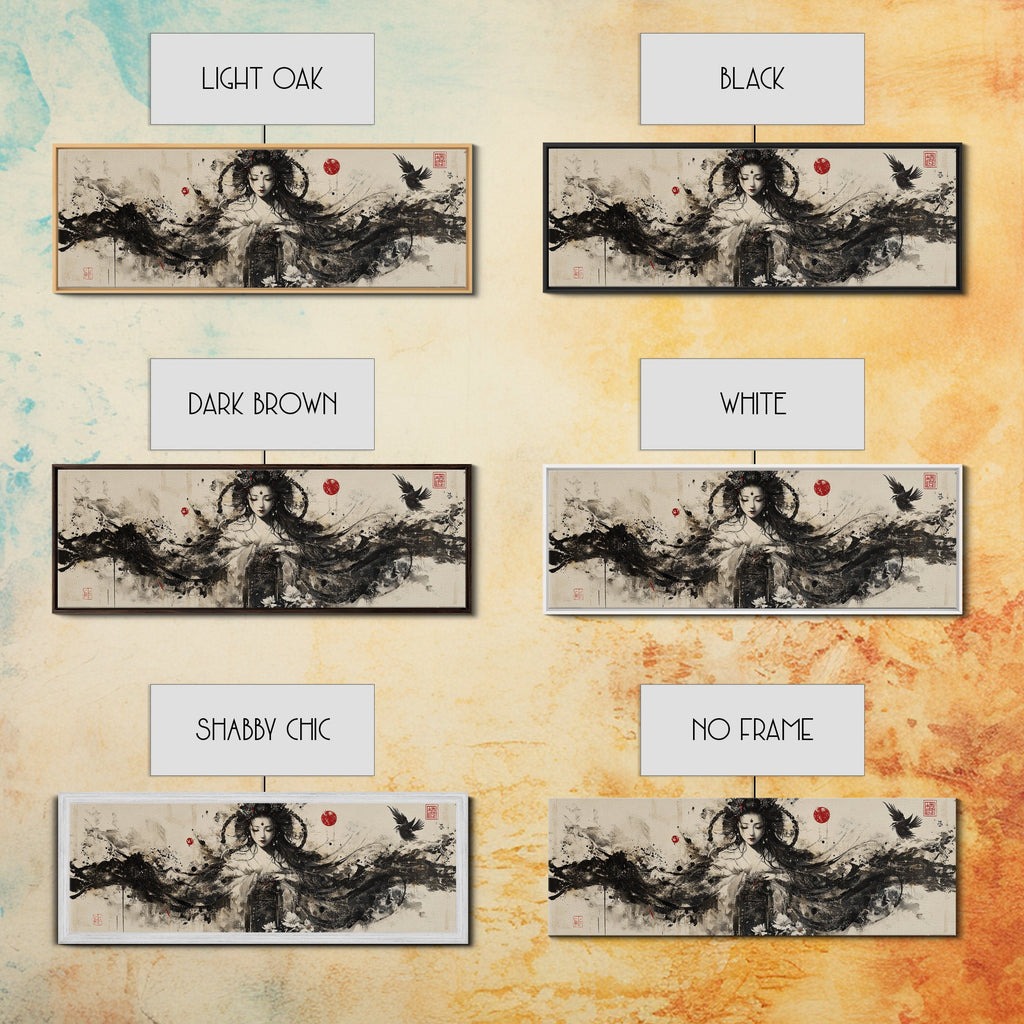 Ethereal Goddess Framed Canvas Print Moody Art Japanese-Style Dark Angels Wall Art Feminine Zen Artwork Rustic Decor