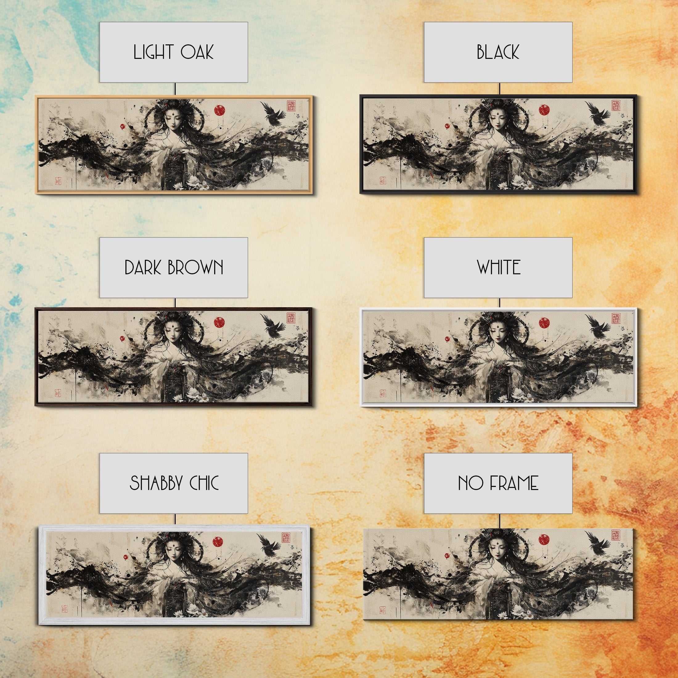 Ethereal Goddess Framed Canvas Print Moody Art Japanese-Style Dark Angels Wall Art Feminine Zen Artwork Rustic Decor