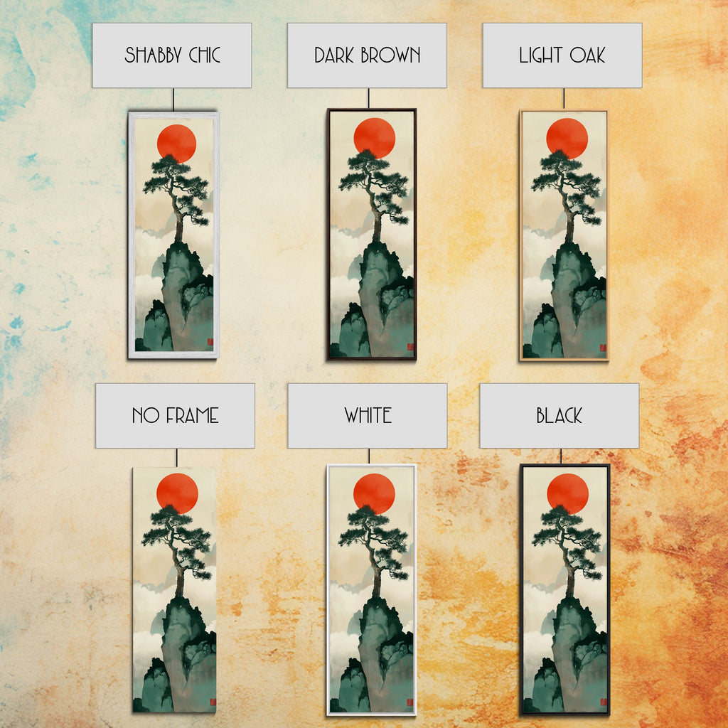 Bonsai Tree Mountain Red Sun Japanese Tall Wall Art Skinny Framed Canvas Print Ukiyo-e Style
