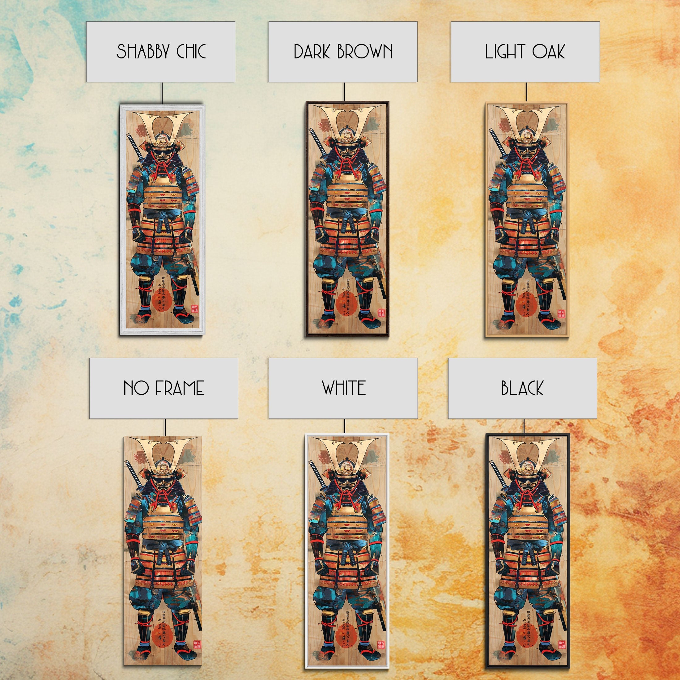 Skinny Art, Tall Art, Samurai Armor Wood Block Print Framed Canvas Print Japanese Style Art Ukiyo-e Art