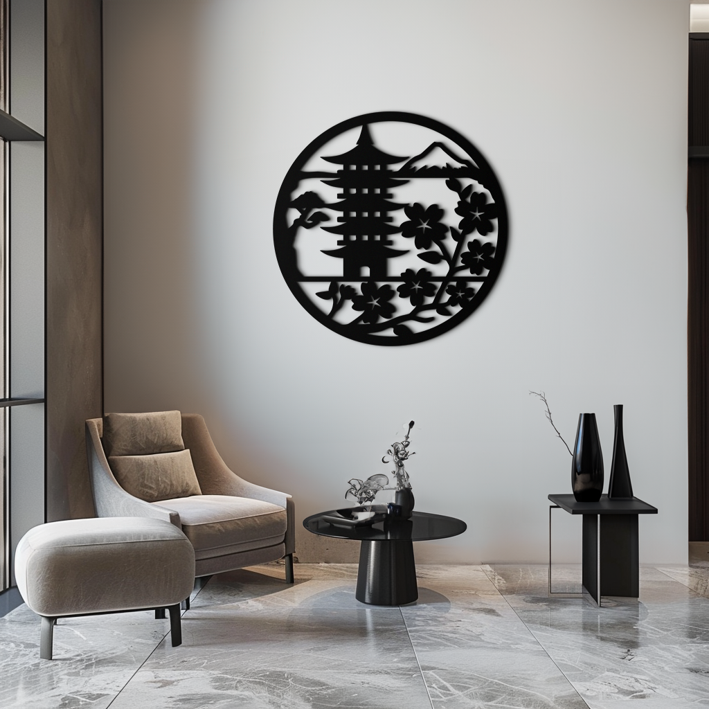 Japanese Pagoda and Sakura Flowers Metal Wall Art – Zen Garden Decor- KAF570