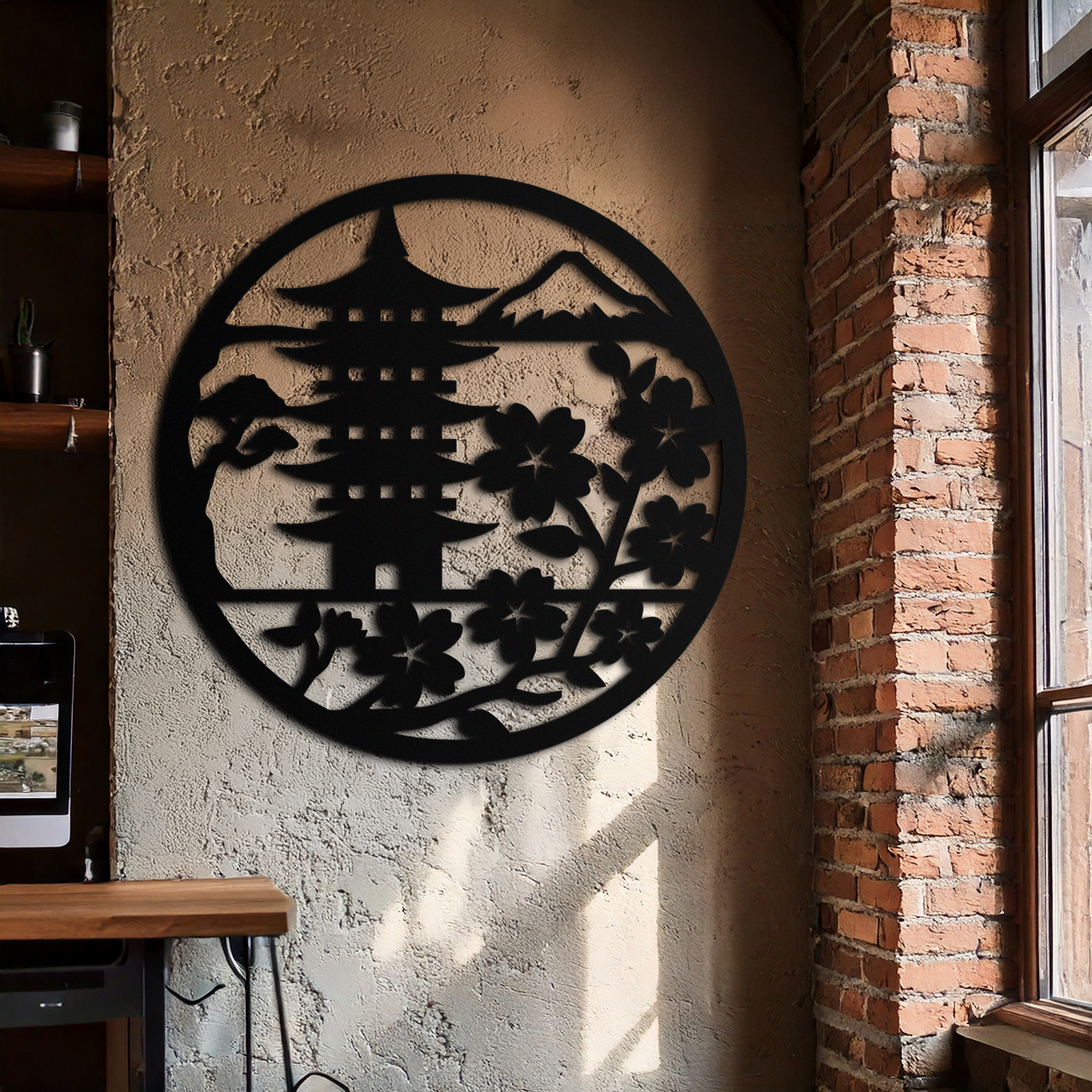 Japanese Pagoda and Sakura Flowers Metal Wall Art – Zen Garden Decor- KAF570