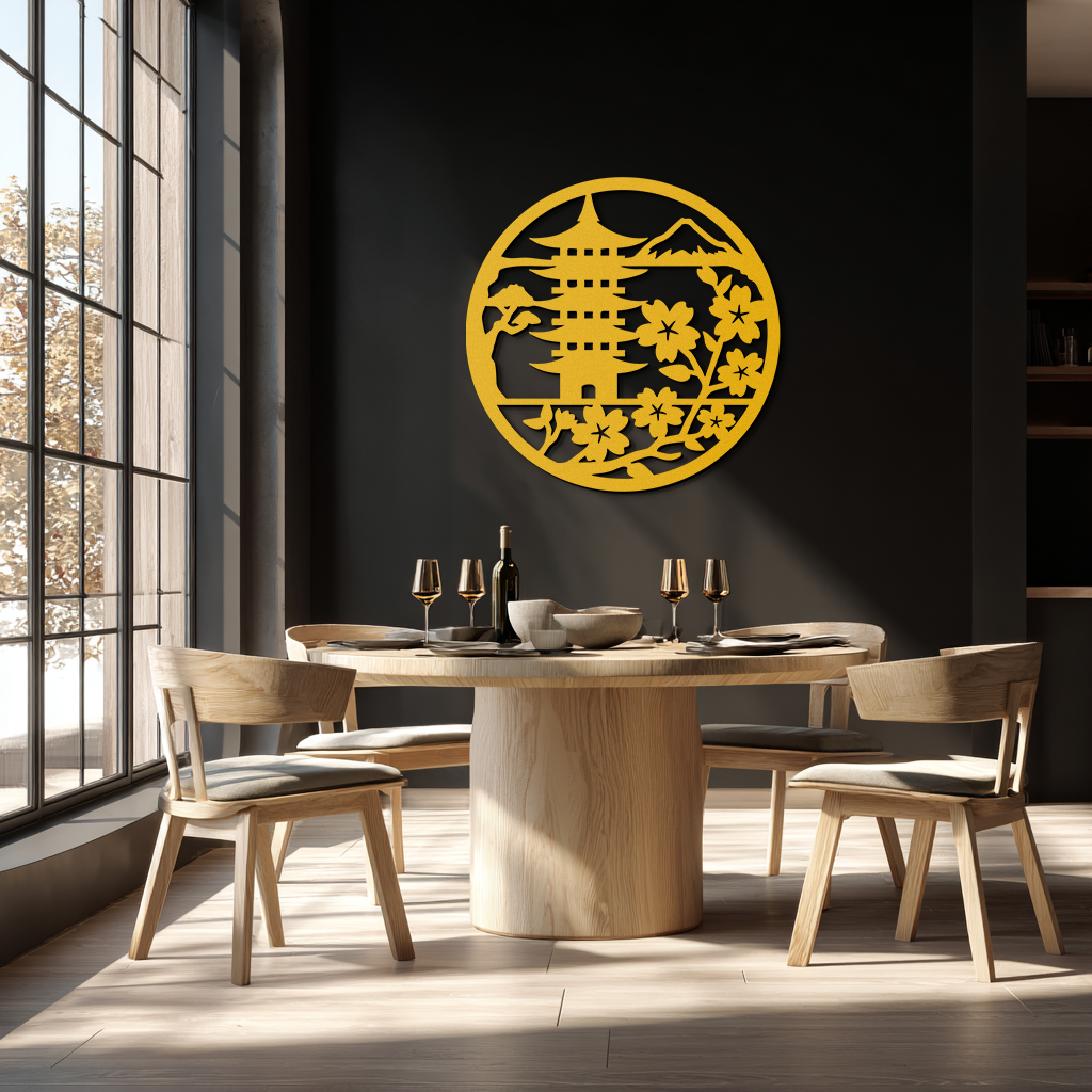 Japanese Pagoda and Sakura Flowers Metal Wall Art – Zen Garden Decor- KAF570