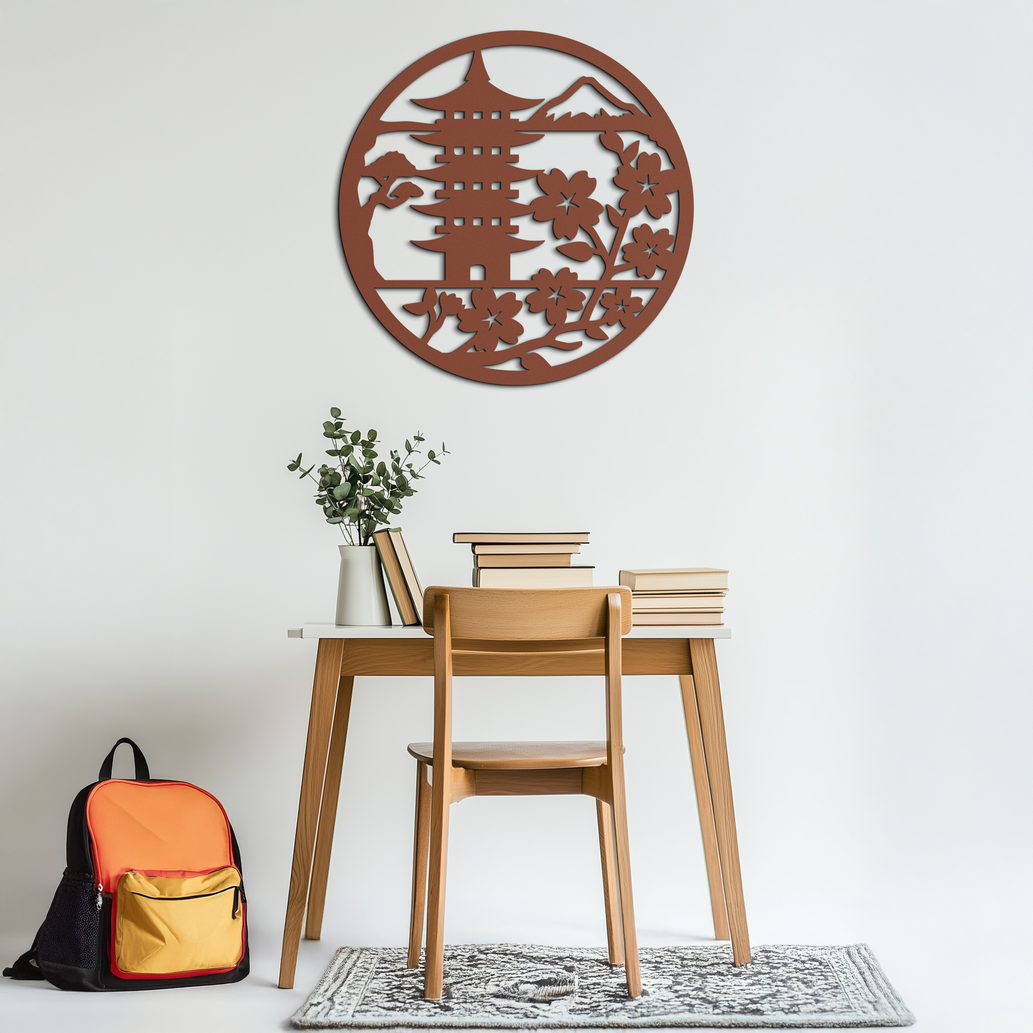 Japanese Pagoda and Sakura Flowers Metal Wall Art – Zen Garden Decor- KAF570