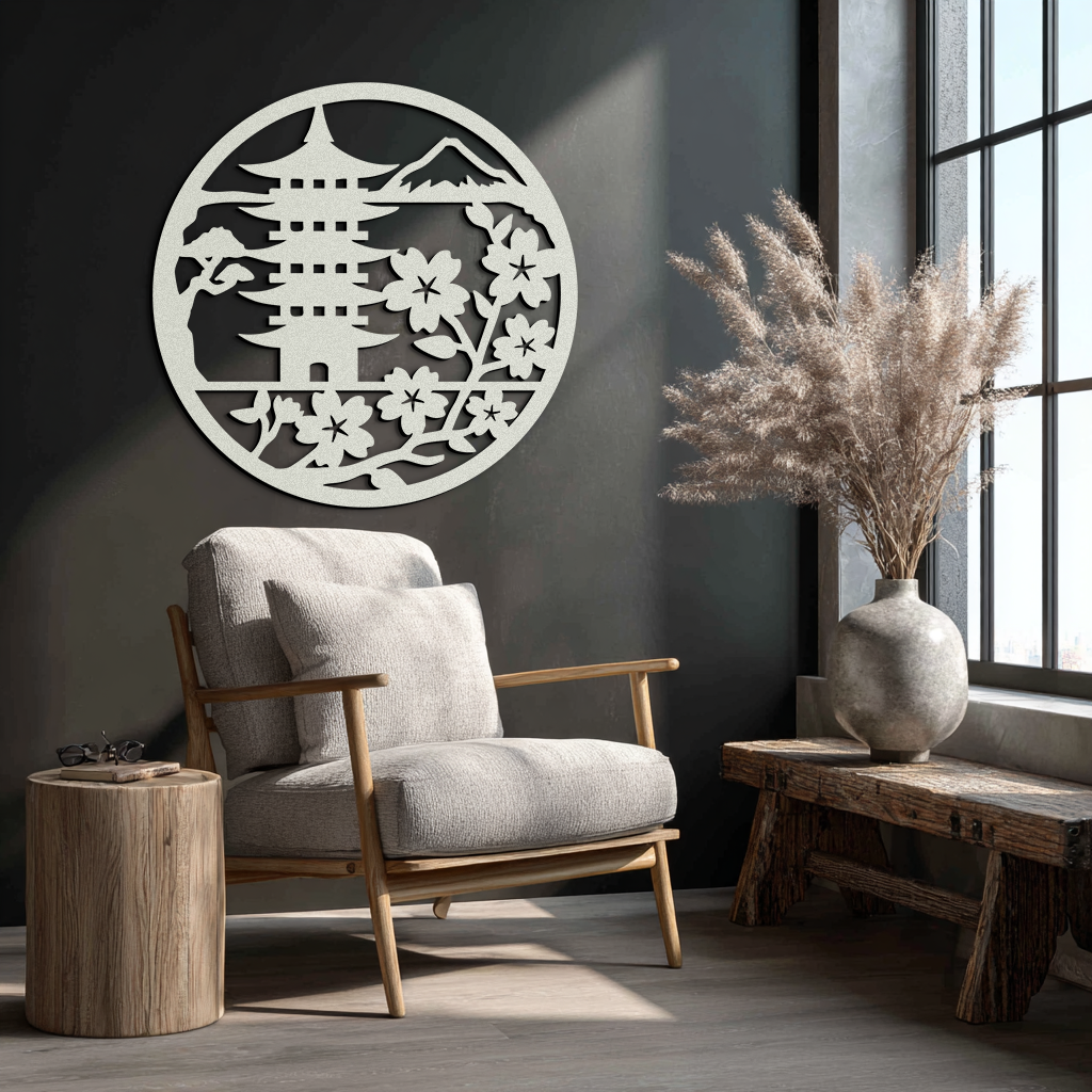 Japanese Pagoda and Sakura Flowers Metal Wall Art – Zen Garden Decor- KAF570