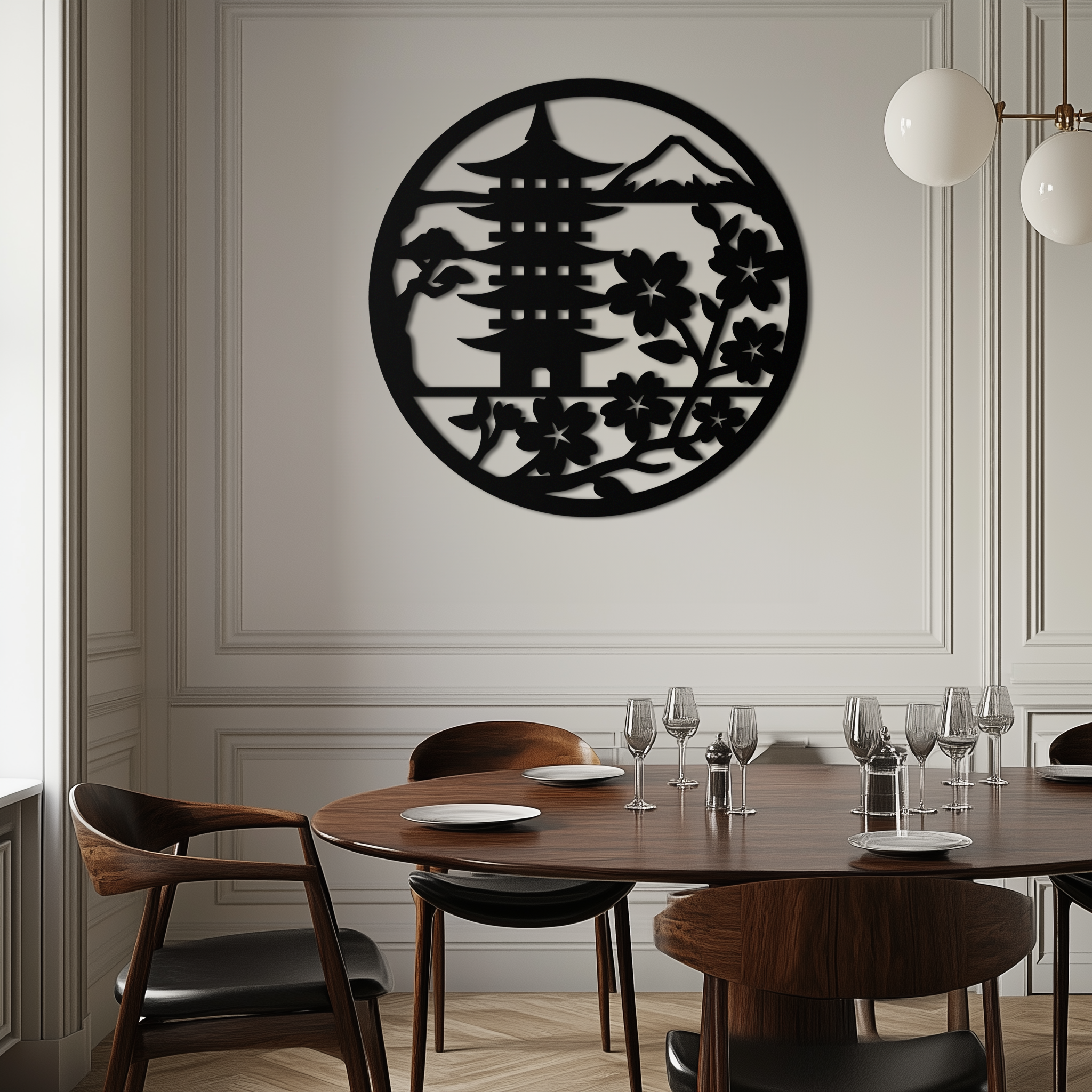 Japanese Pagoda and Sakura Flowers Metal Wall Art – Zen Garden Decor- KAF570