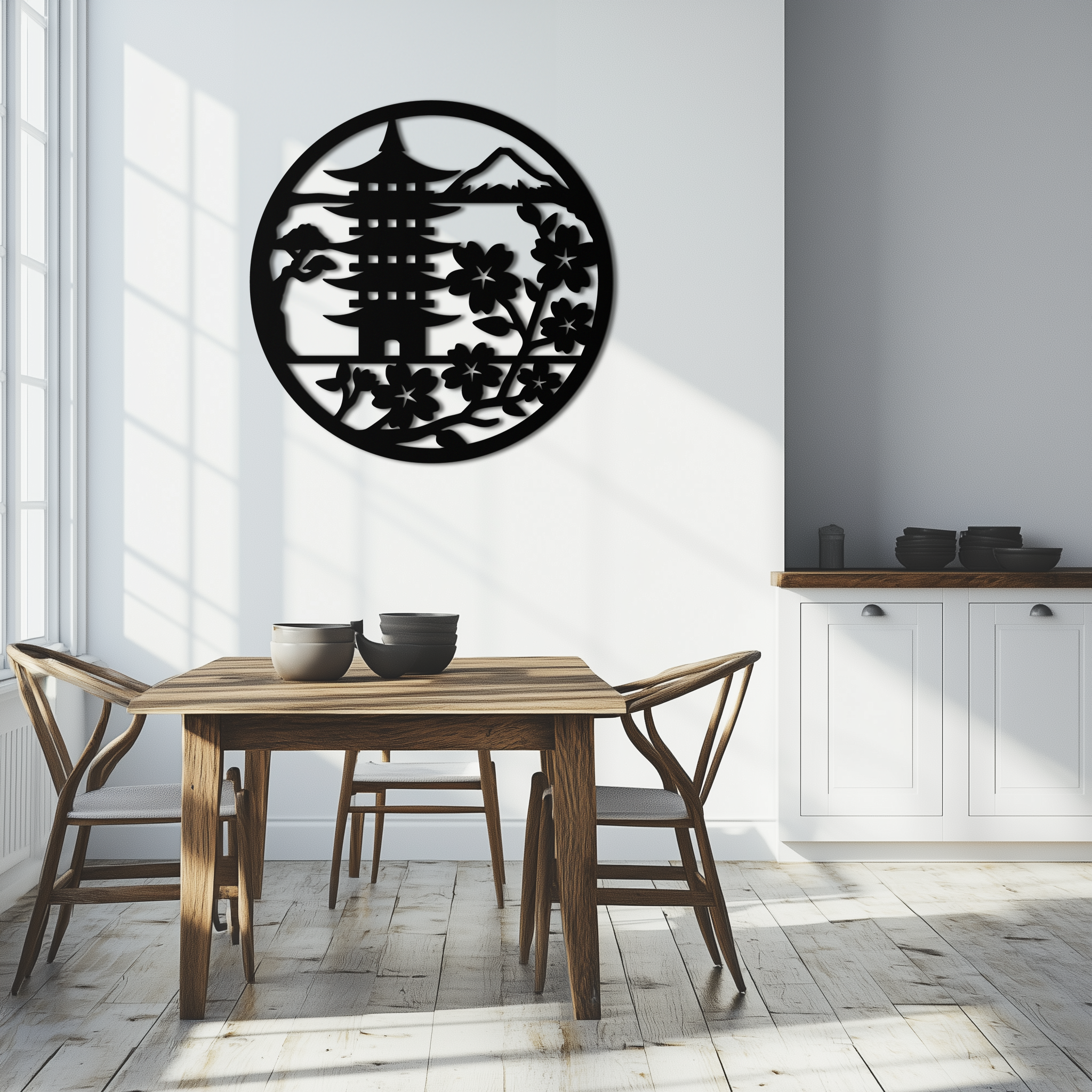 Japanese Pagoda and Sakura Flowers Metal Wall Art – Zen Garden Decor- KAF570
