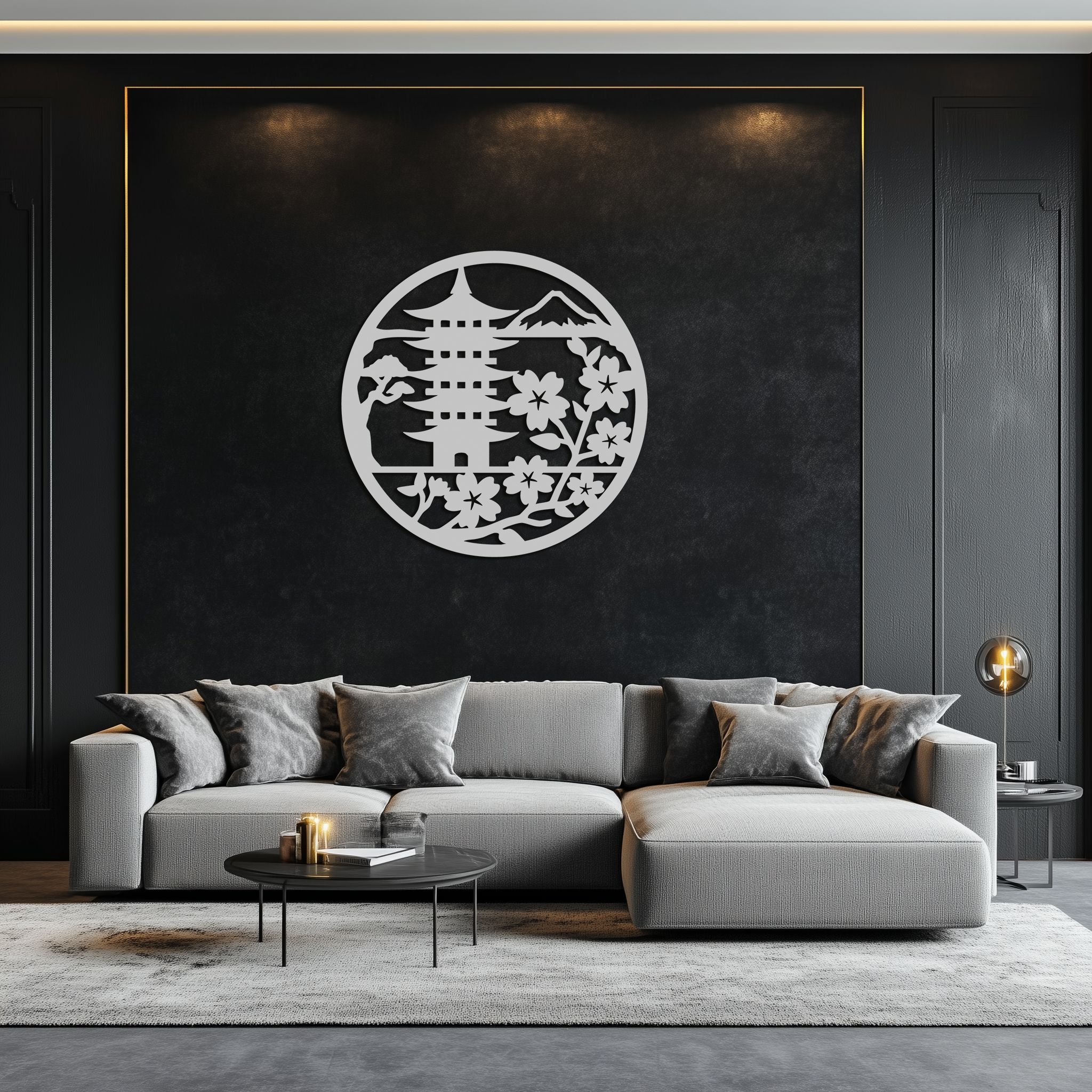 Japanese Pagoda and Sakura Flowers Metal Wall Art – Zen Garden Decor- KAF570