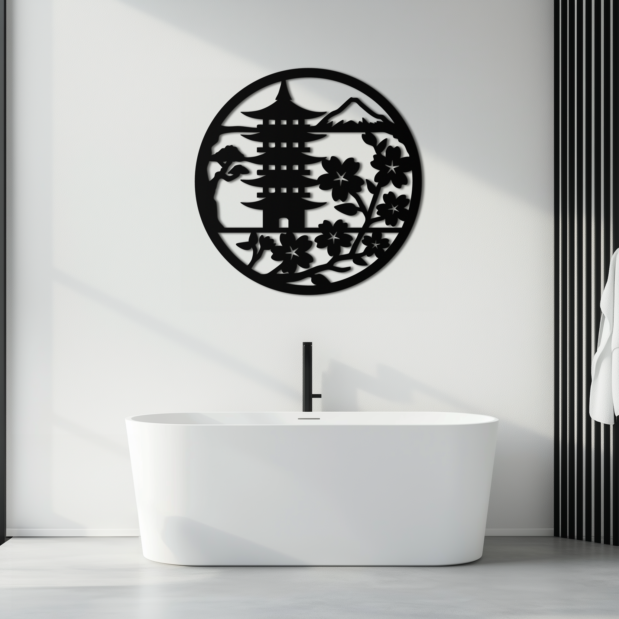 Japanese Pagoda and Sakura Flowers Metal Wall Art – Zen Garden Decor- KAF570