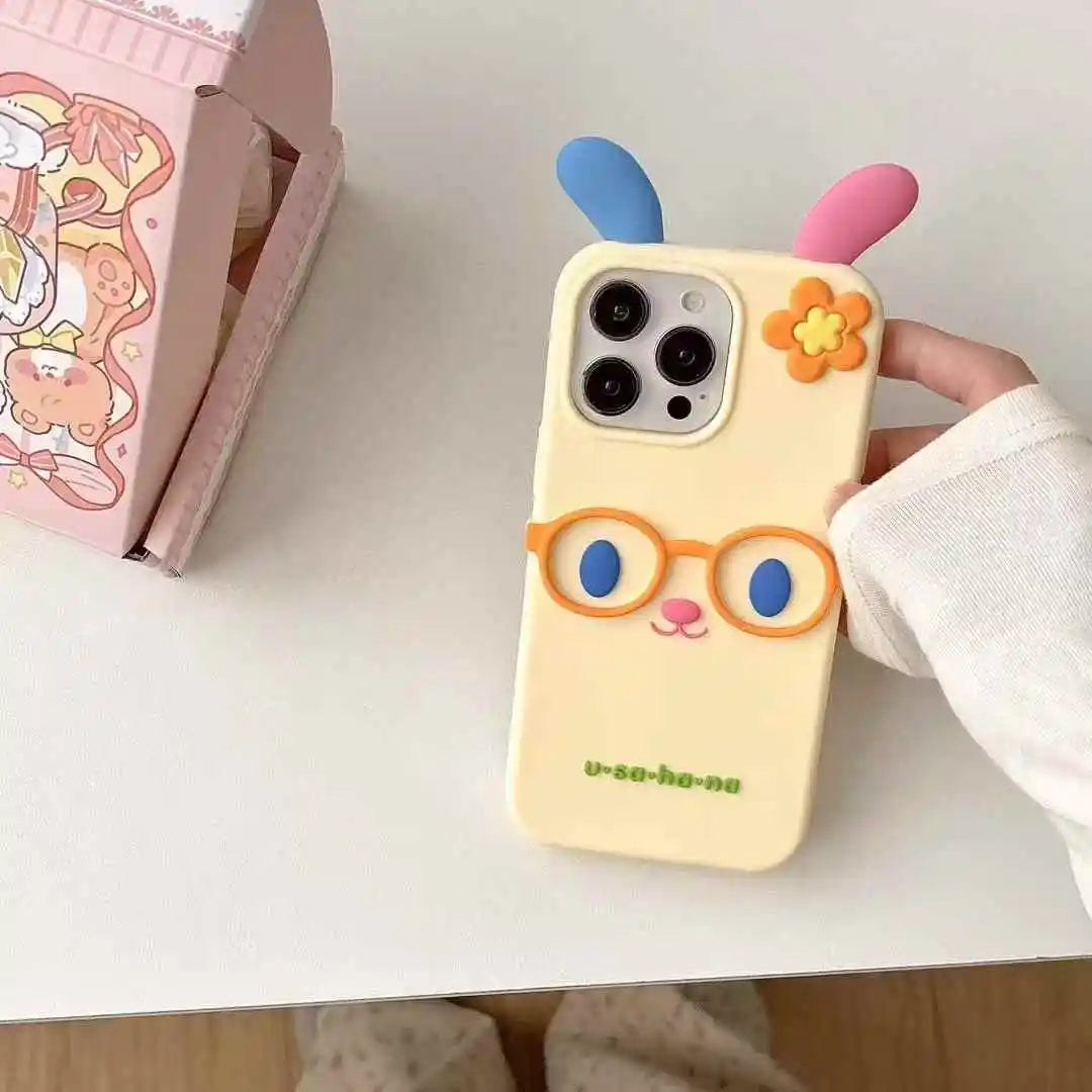 Kawaii 3D Cartoon Glasses Flower Rabbit Soft Silicone Phone Case