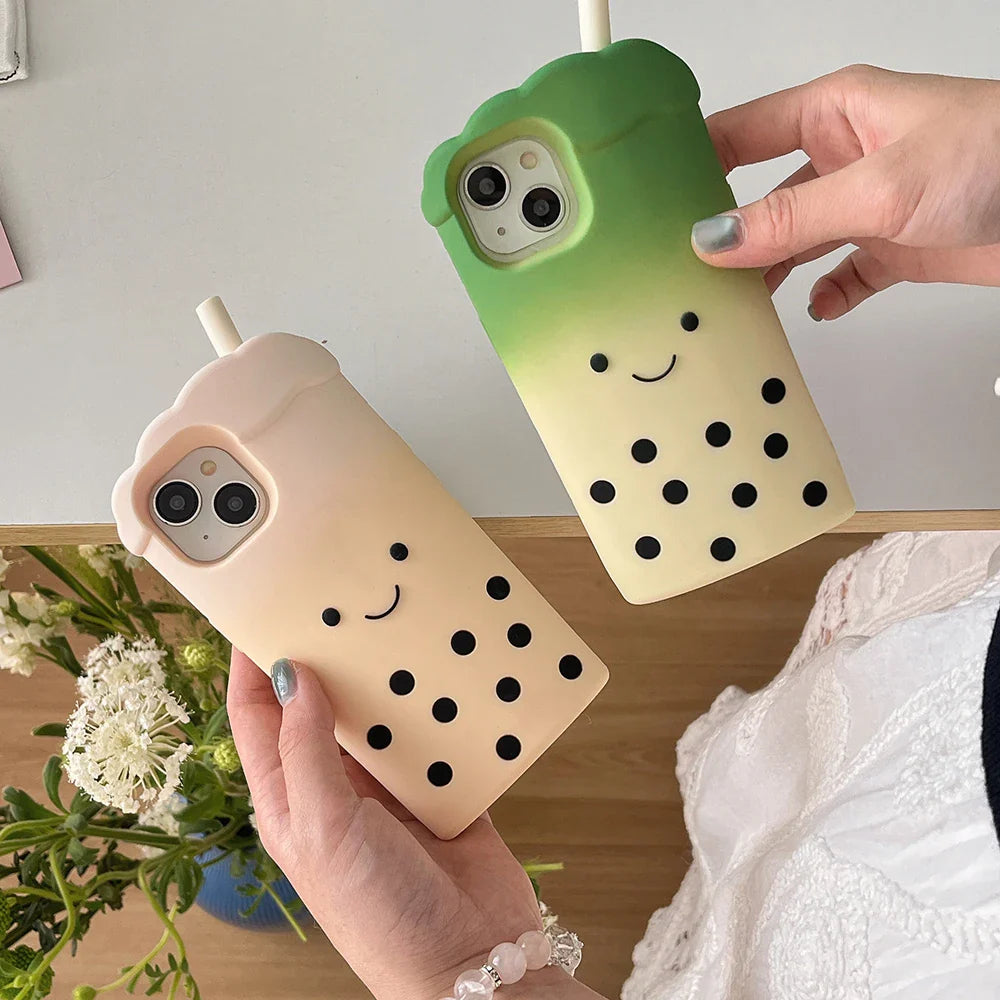 Cute 3D Smile Pearl Milk Tea Cup Phone Case