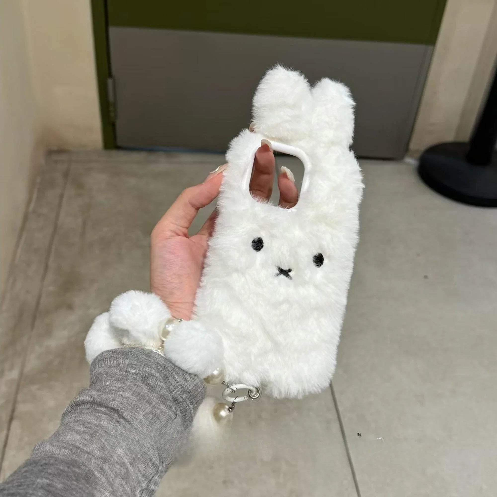 Plush Cute white Rabbit with Lanyard Phone Case