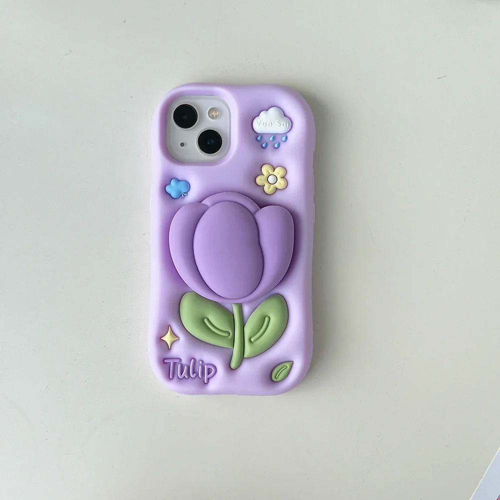 Kawaii Summer Floral Tulip Bracket Soft Silicone Case With Stand Holder Phone Case