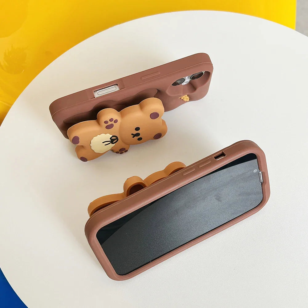 Kawaii 3D Cartoon Butter Bear Cover With Stand Holder Phone Case