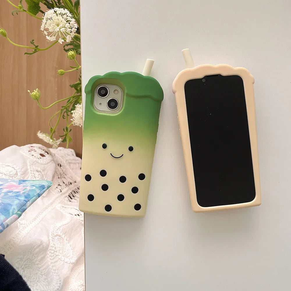 Cute 3D Smile Pearl Milk Tea Cup Phone Case