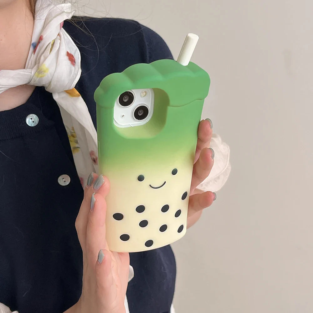 Cute 3D Smile Pearl Milk Tea Cup Phone Case