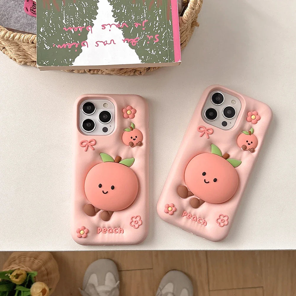 Kawaii Summer Fruit Floral Peach Bracket Soft Silicone Phone Case