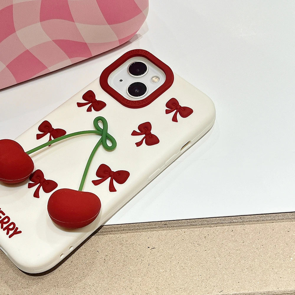 3D Bow Cherry Pendant Shockproof Cover Cartoon Shatter Silicone Soft Phone Case