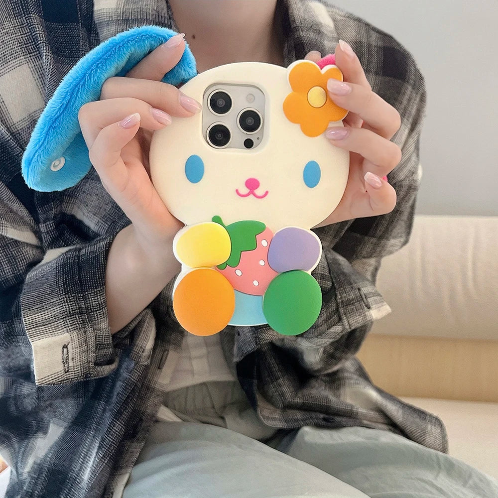 Rainbow Bunny Rabbit Soft Silicone Case 3D Cartoon Shockproof Cover With Strap Ear Phone Case