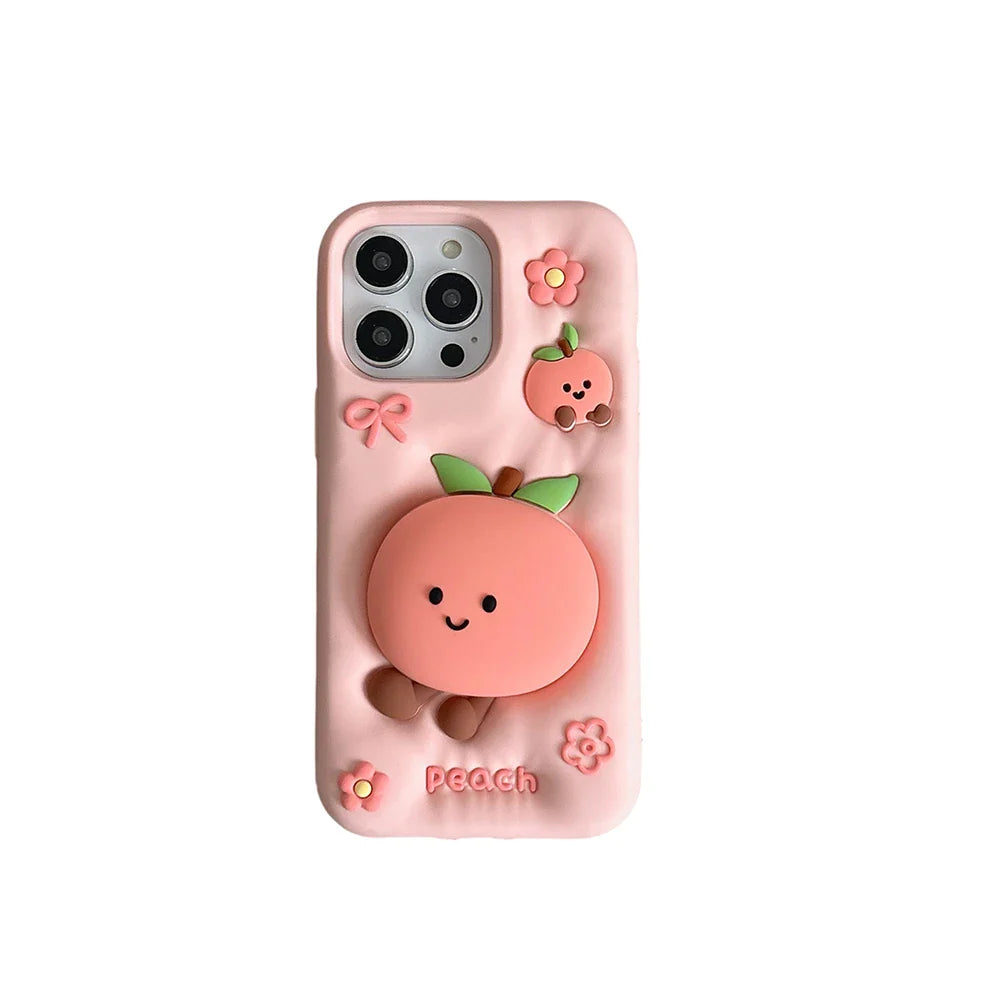 Kawaii Summer Fruit Floral Peach Bracket Soft Silicone Phone Case