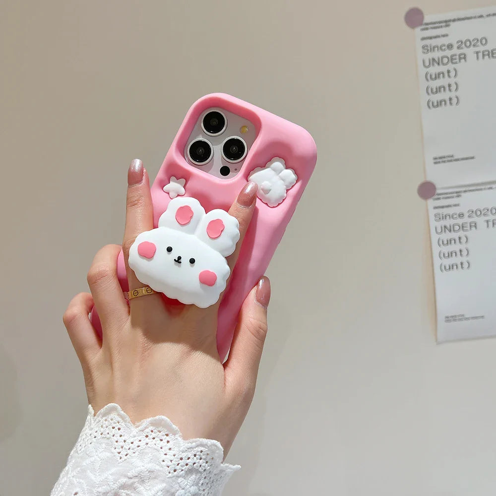 Lovely 3D Rabbit Folding With Holder Stand Silicone Phone Case