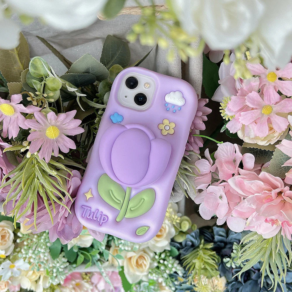 Kawaii Summer Floral Tulip Bracket Soft Silicone Case With Stand Holder Phone Case