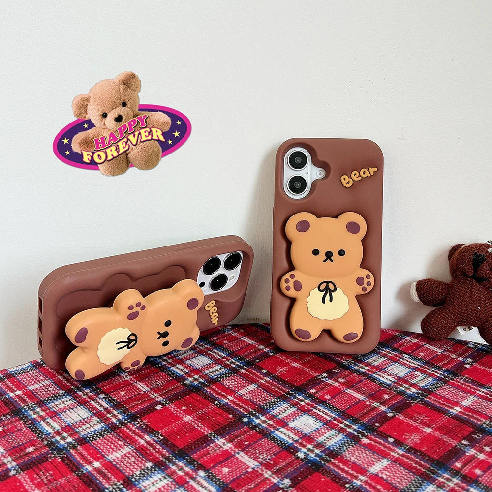 Kawaii 3D Cartoon Butter Bear Cover With Stand Holder Phone Case