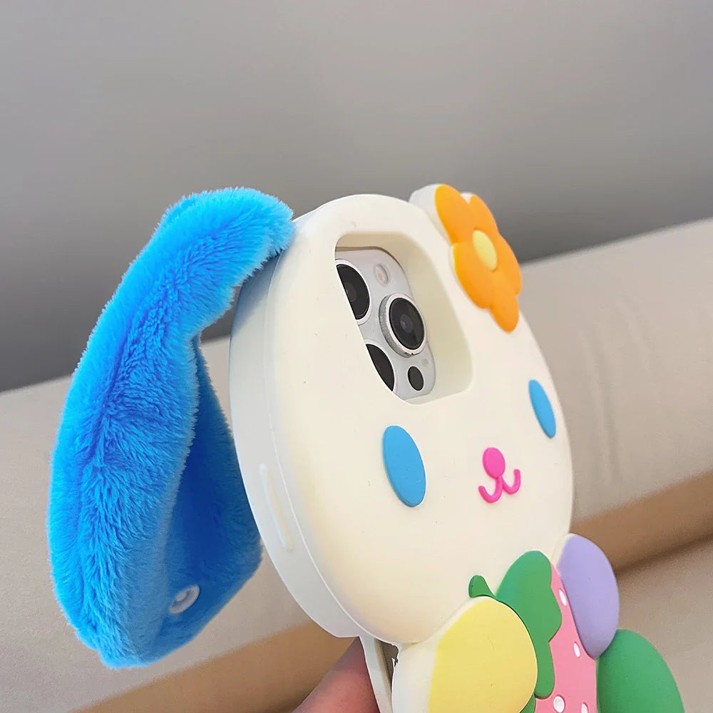 Rainbow Bunny Rabbit Soft Silicone Case 3D Cartoon Shockproof Cover With Strap Ear Phone Case