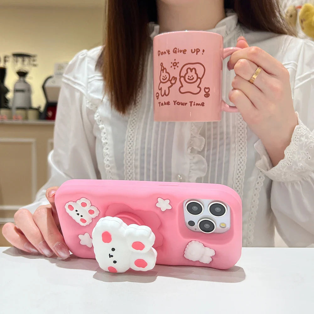 Lovely 3D Rabbit Folding With Holder Stand Silicone Phone Case