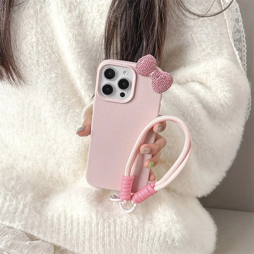 3D Rhinestone Bow Litchi Pattern Soft Phone Case
