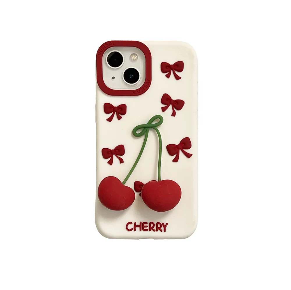 3D Bow Cherry Pendant Shockproof Cover Cartoon Shatter Silicone Soft Phone Case