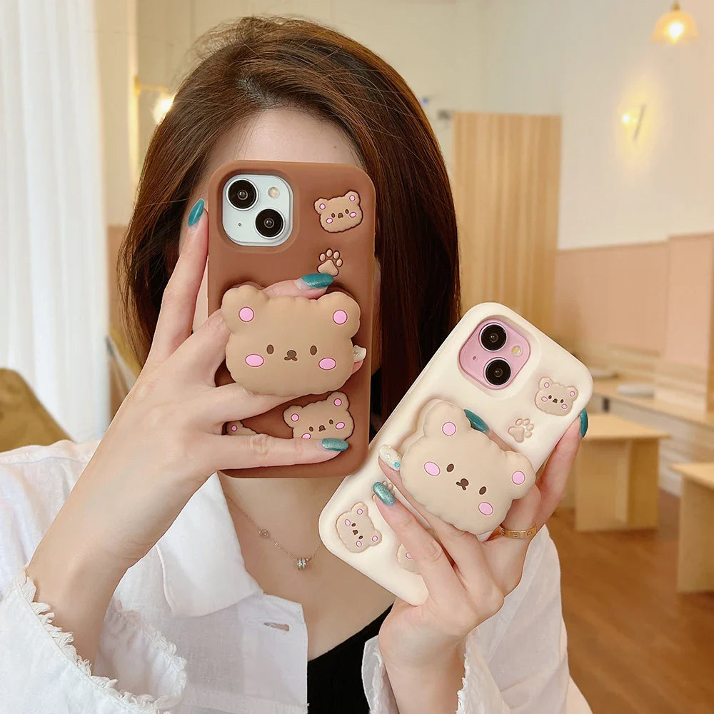Kawaii Bear Cover With Stand Holder Soft Silicone Phone Case