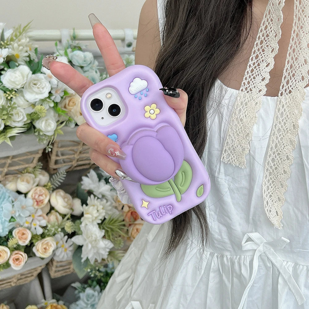 Kawaii Summer Floral Tulip Bracket Soft Silicone Case With Stand Holder Phone Case