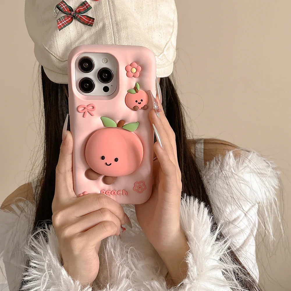 Kawaii Summer Fruit Floral Peach Bracket Soft Silicone Phone Case