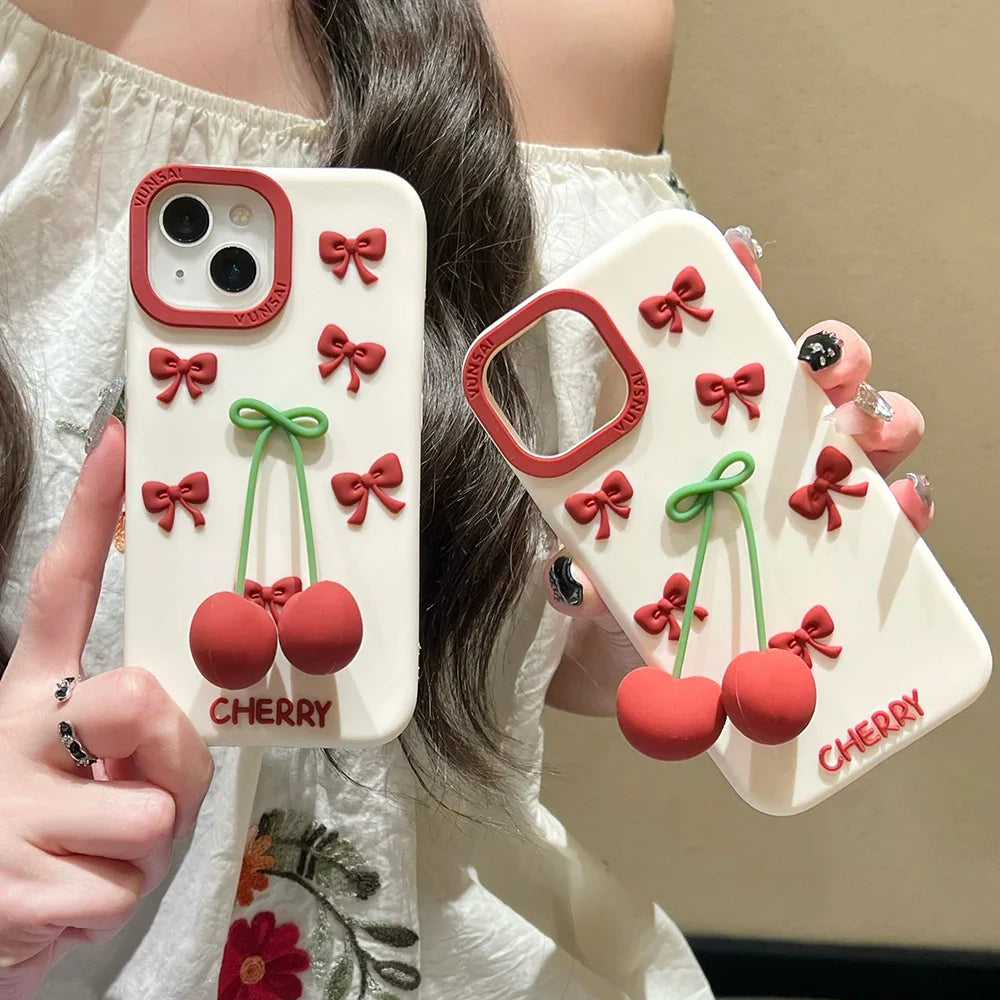 3D Bow Cherry Pendant Shockproof Cover Cartoon Shatter Silicone Soft Phone Case