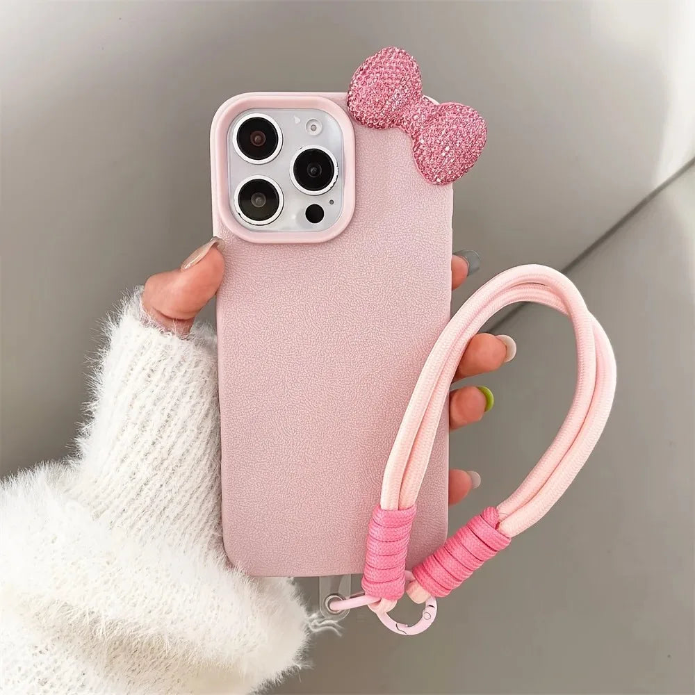 3D Rhinestone Bow Litchi Pattern Soft Phone Case