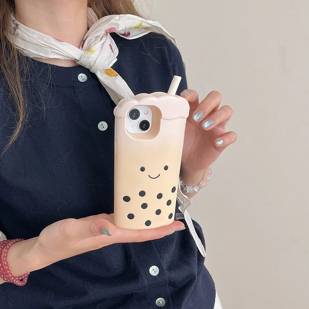 Cute 3D Smile Pearl Milk Tea Cup Phone Case