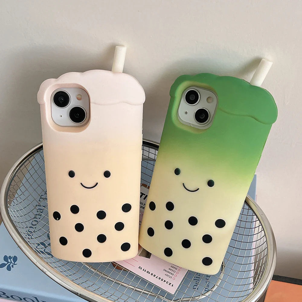 Cute 3D Smile Pearl Milk Tea Cup Phone Case