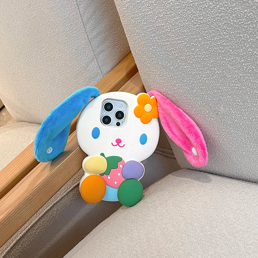 Rainbow Bunny Rabbit Soft Silicone Case 3D Cartoon Shockproof Cover With Strap Ear Phone Case