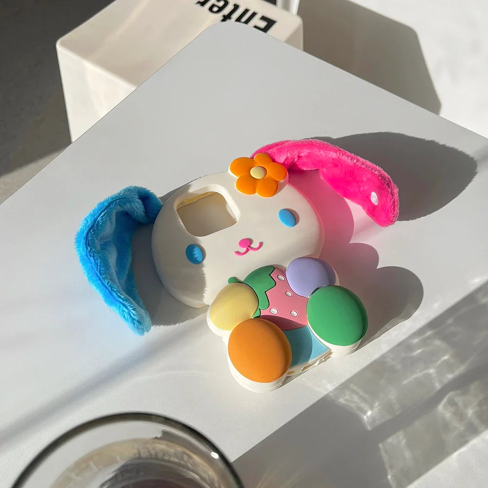 Rainbow Bunny Rabbit Soft Silicone Case 3D Cartoon Shockproof Cover With Strap Ear Phone Case