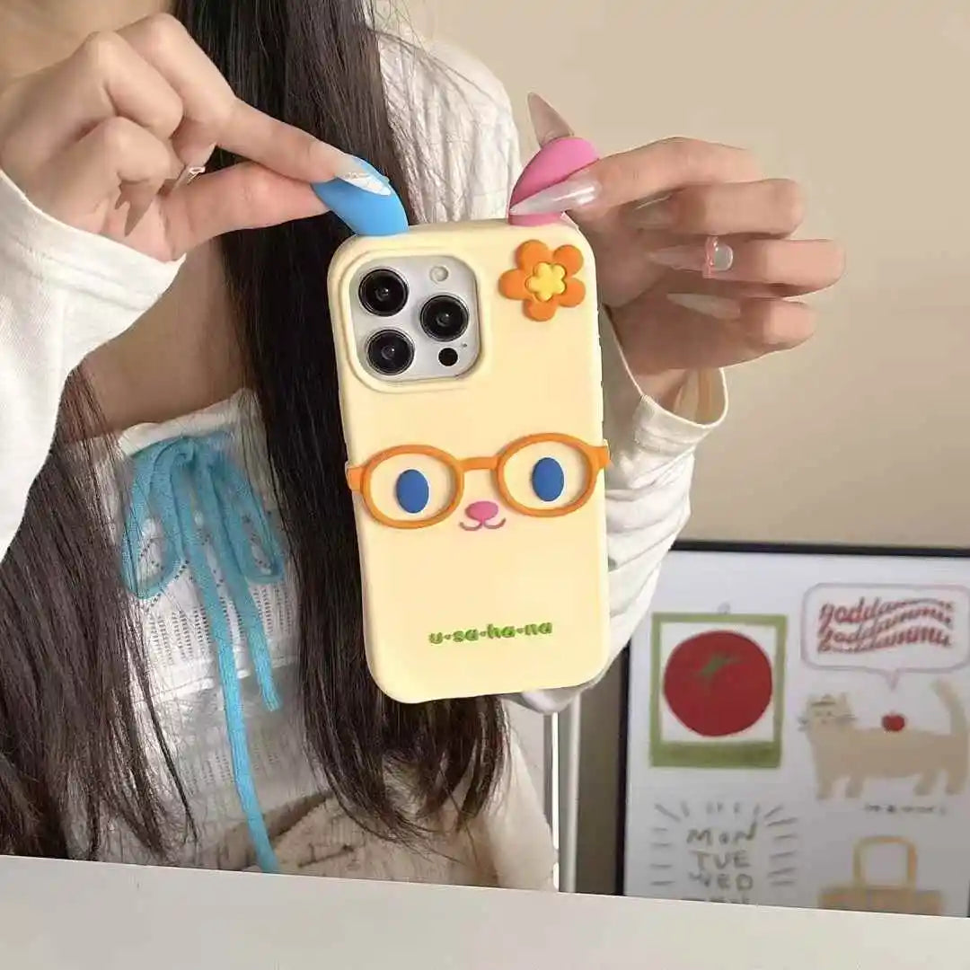 Kawaii 3D Cartoon Glasses Flower Rabbit Soft Silicone Phone Case