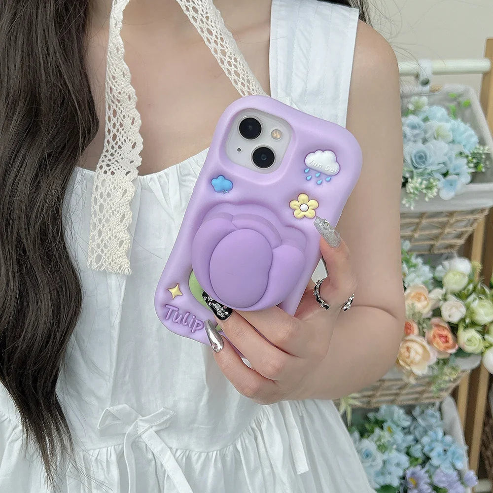 Kawaii Summer Floral Tulip Bracket Soft Silicone Case With Stand Holder Phone Case