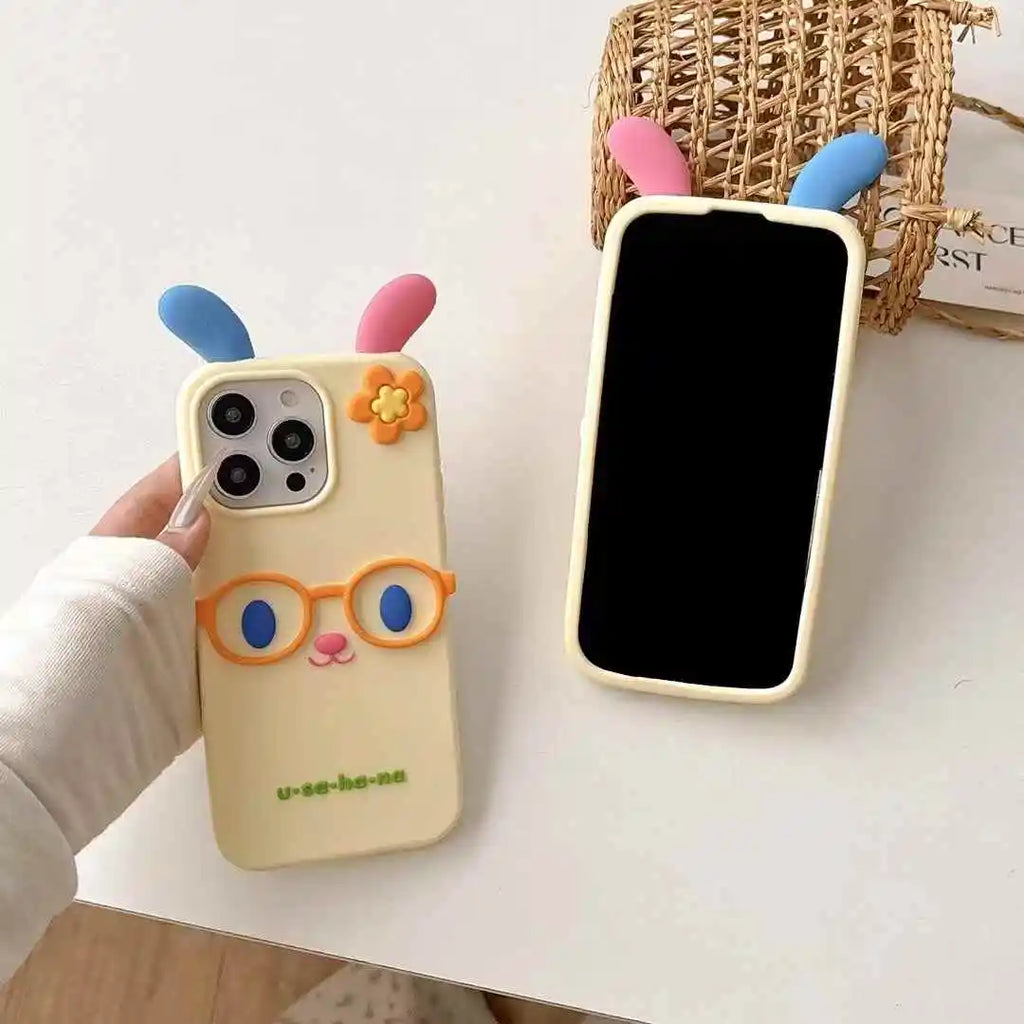 Kawaii 3D Cartoon Glasses Flower Rabbit Soft Silicone Phone Case
